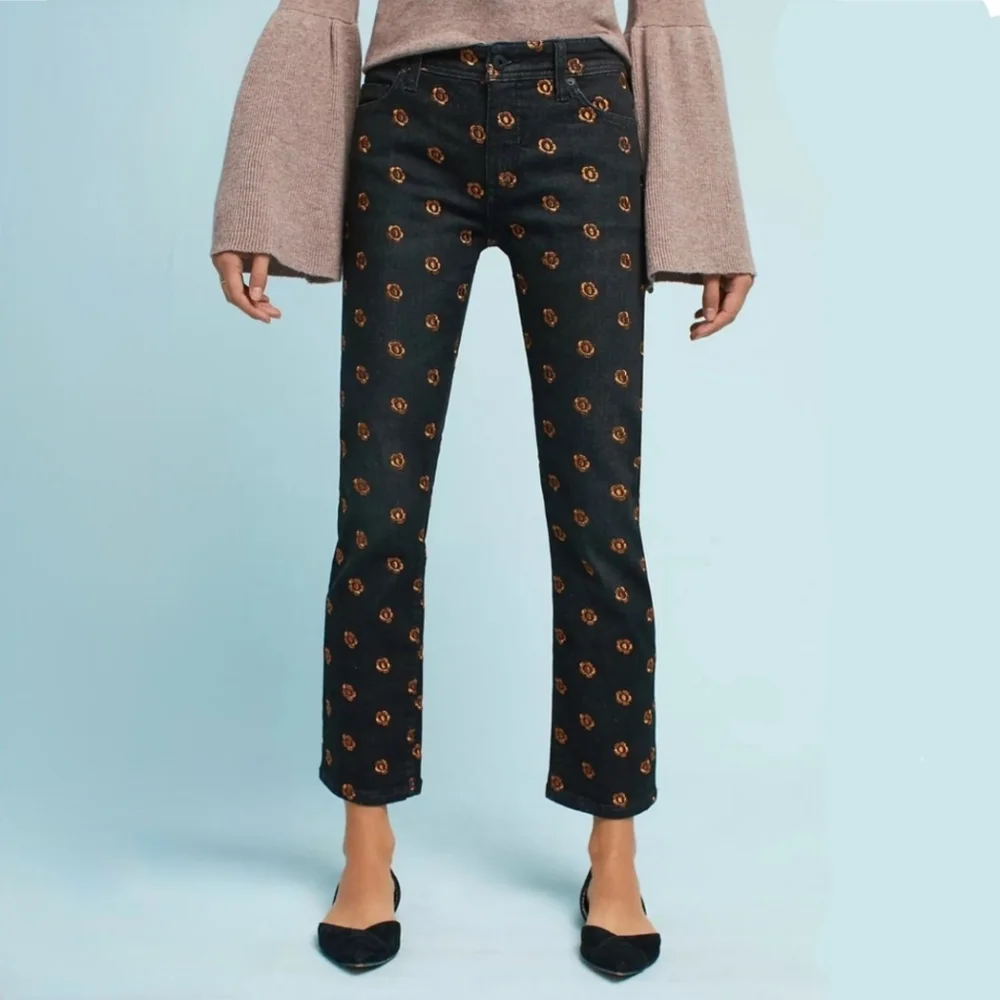 Anthropologie Pilcro Black Floral Embroidered Slim Straight Jeans 31